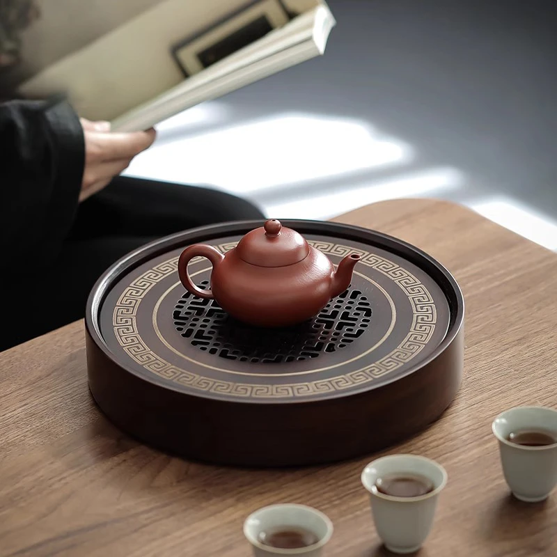 圆形干泡台茶盘家用蓄水轻奢简约小茶台竹制茶海茶托盘双层干泡盘