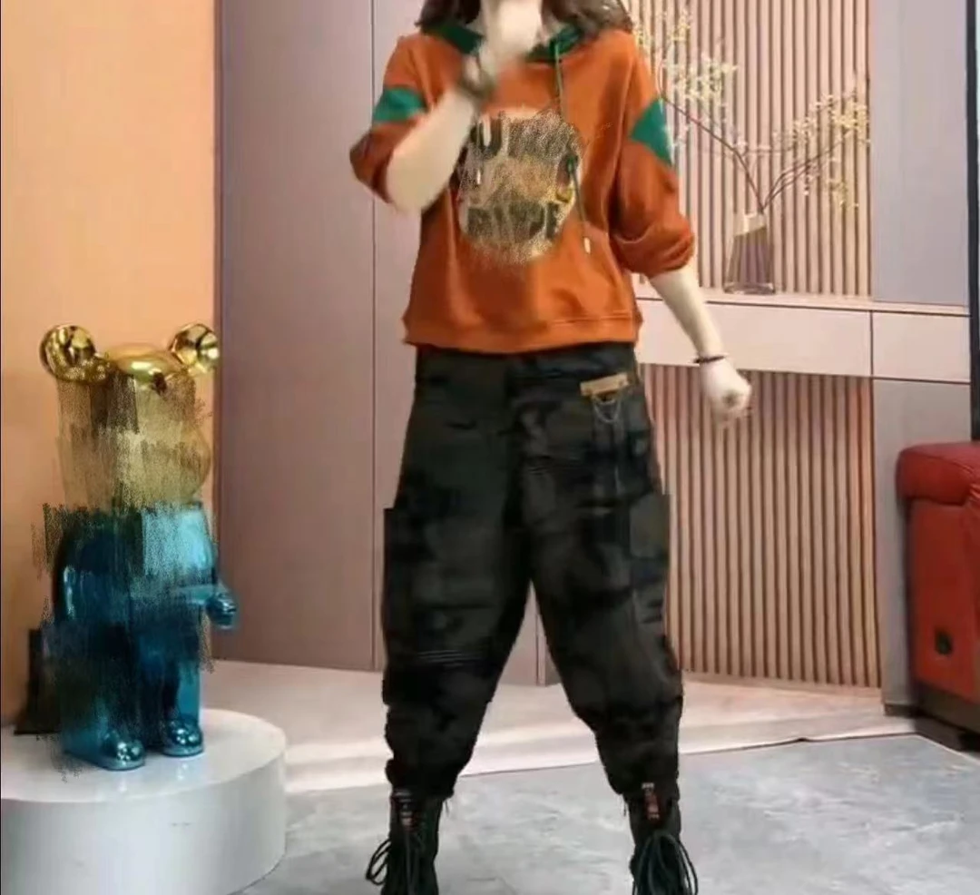 Y新款连帽宽松拼色字母印花上衣爆款裤子时尚迷彩哈伦裤女款套装