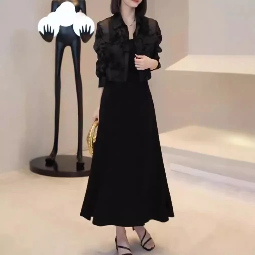新款盘扣提花翻领短外套中长款连衣裙显瘦女装