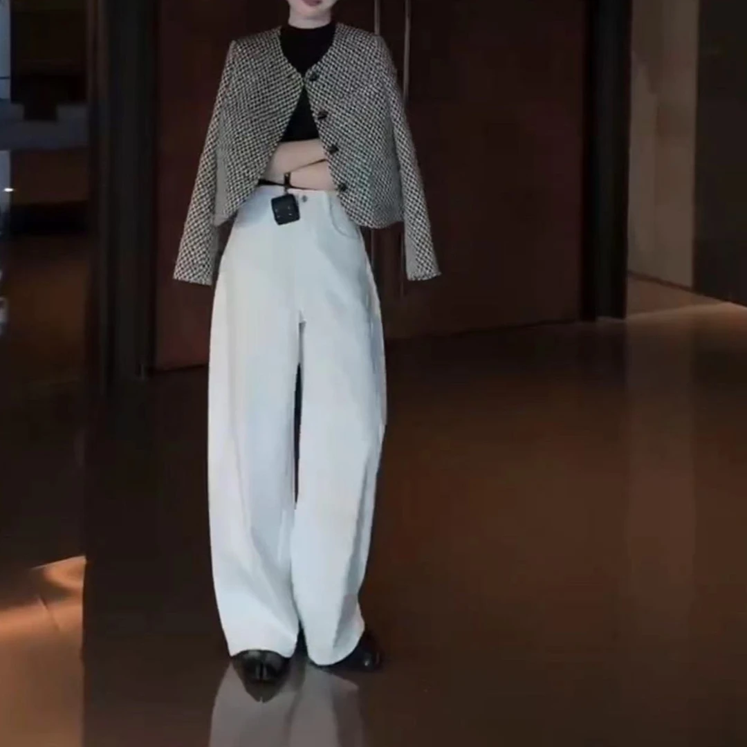 新洋气千鸟格长袖外套垂感阔腿裤女装