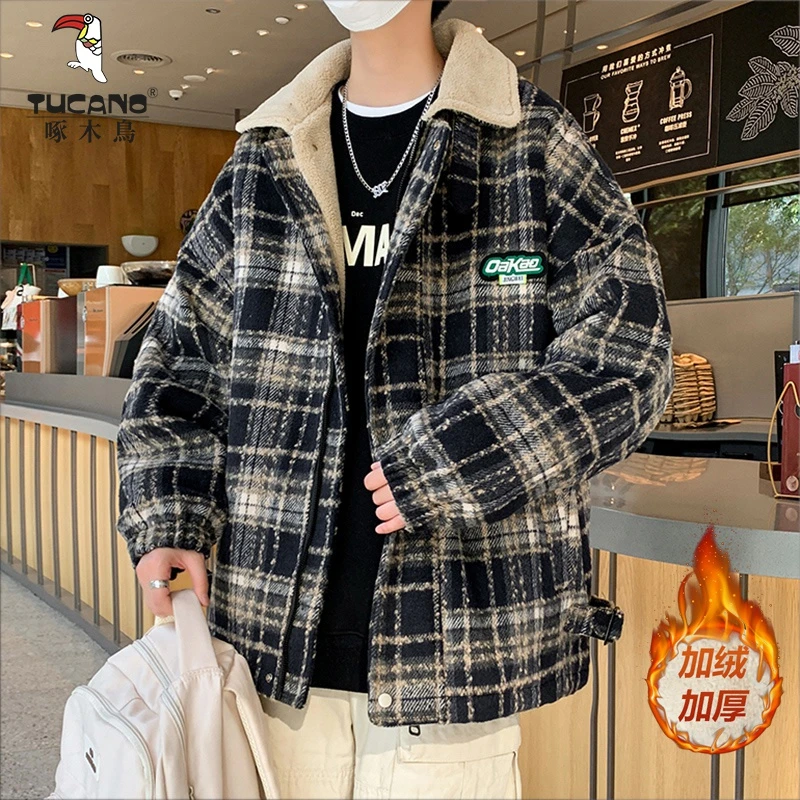 加绒格子外套男秋冬款翻领港风夹克男潮牌青少年加厚保暖呢子上衣