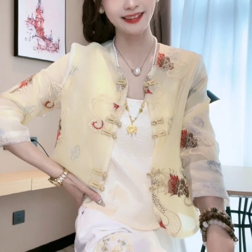 新中式女装国风印花防晒开衫女2024夏季新款独特别致高端衬衫上X1