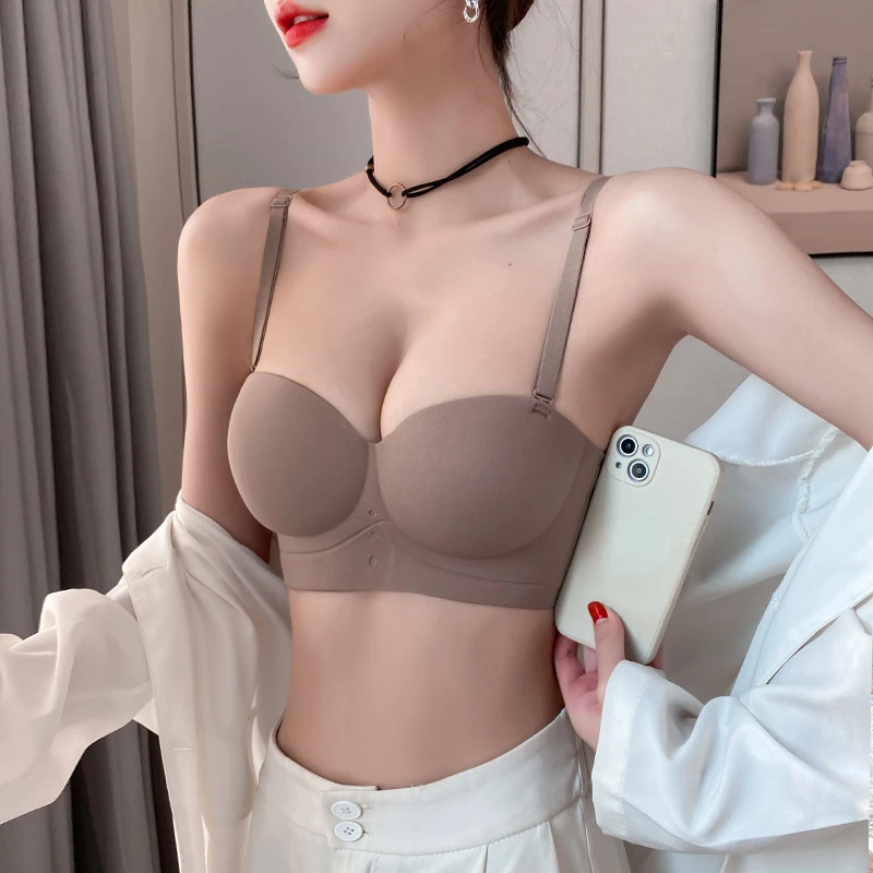 多情猫半杯无钢圈小胸聚拢显大无肩带抹胸隐形无痕文胸内衣上托
