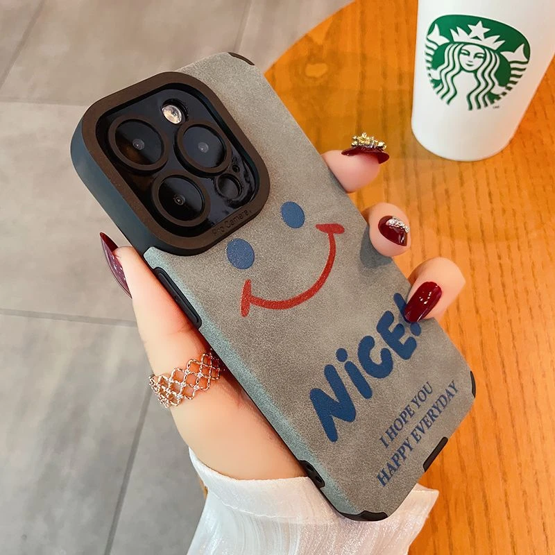 笑脸适用苹果13手机壳iPhone14pro高级感翻毛皮12全包11硅胶软壳x