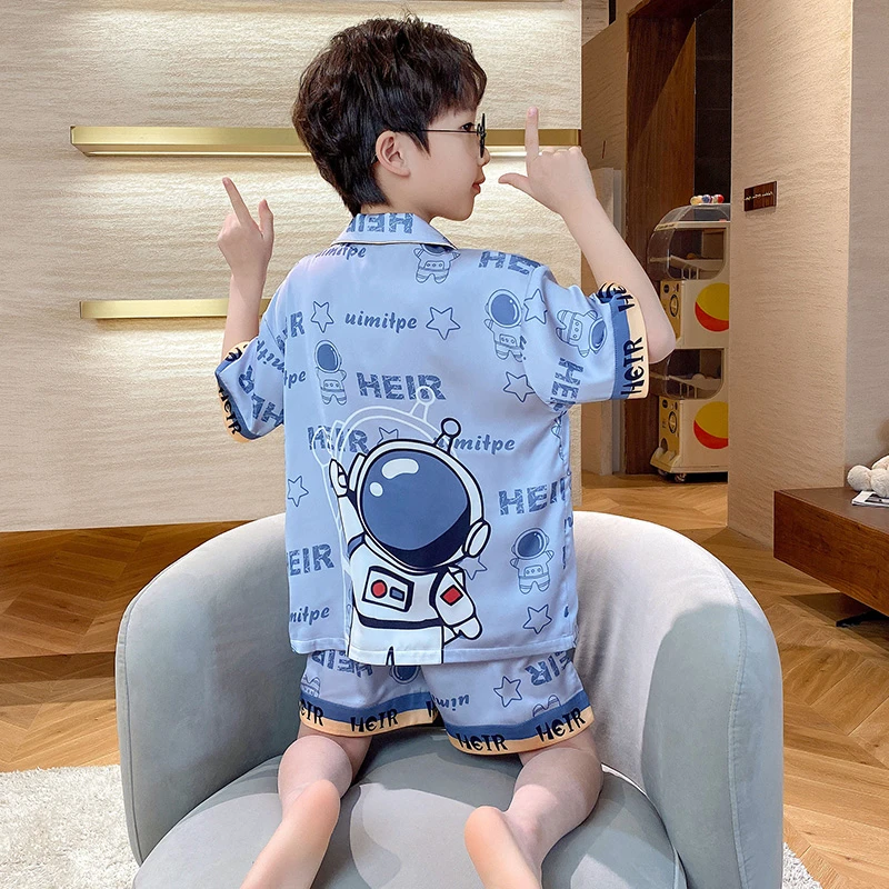 儿童睡衣男童夏季冰丝薄款短袖三件套装中大童男孩2023新款家居服
