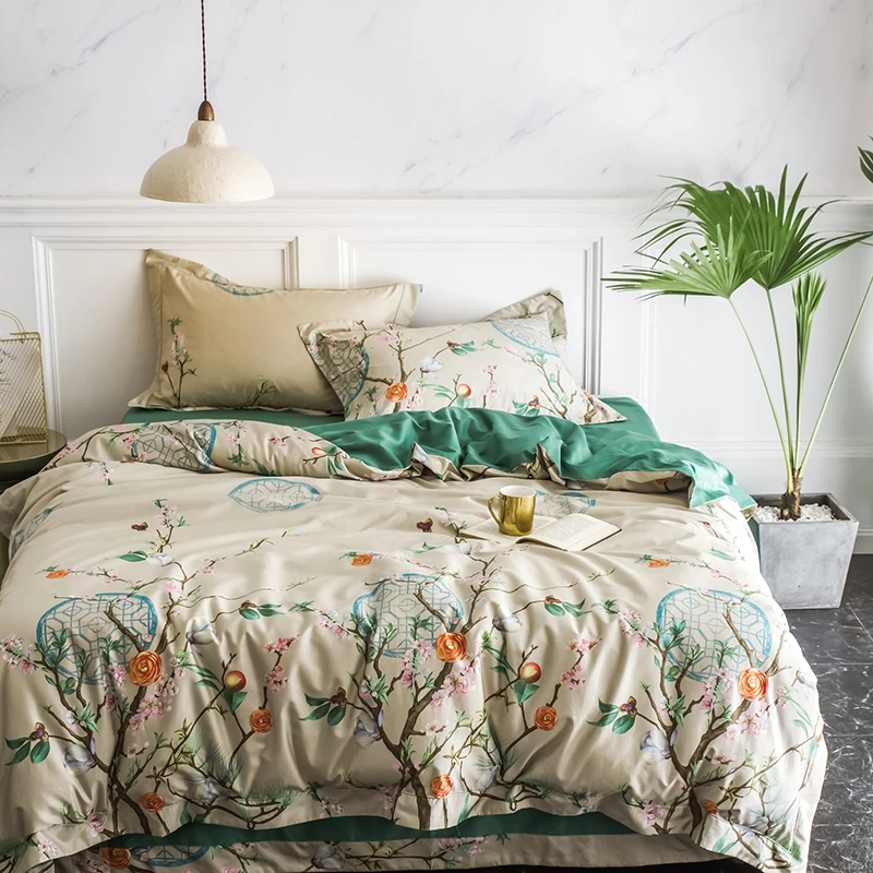 高端中式140支贡缎纯棉全棉四件套被套被罩床单双人床上用品4件套