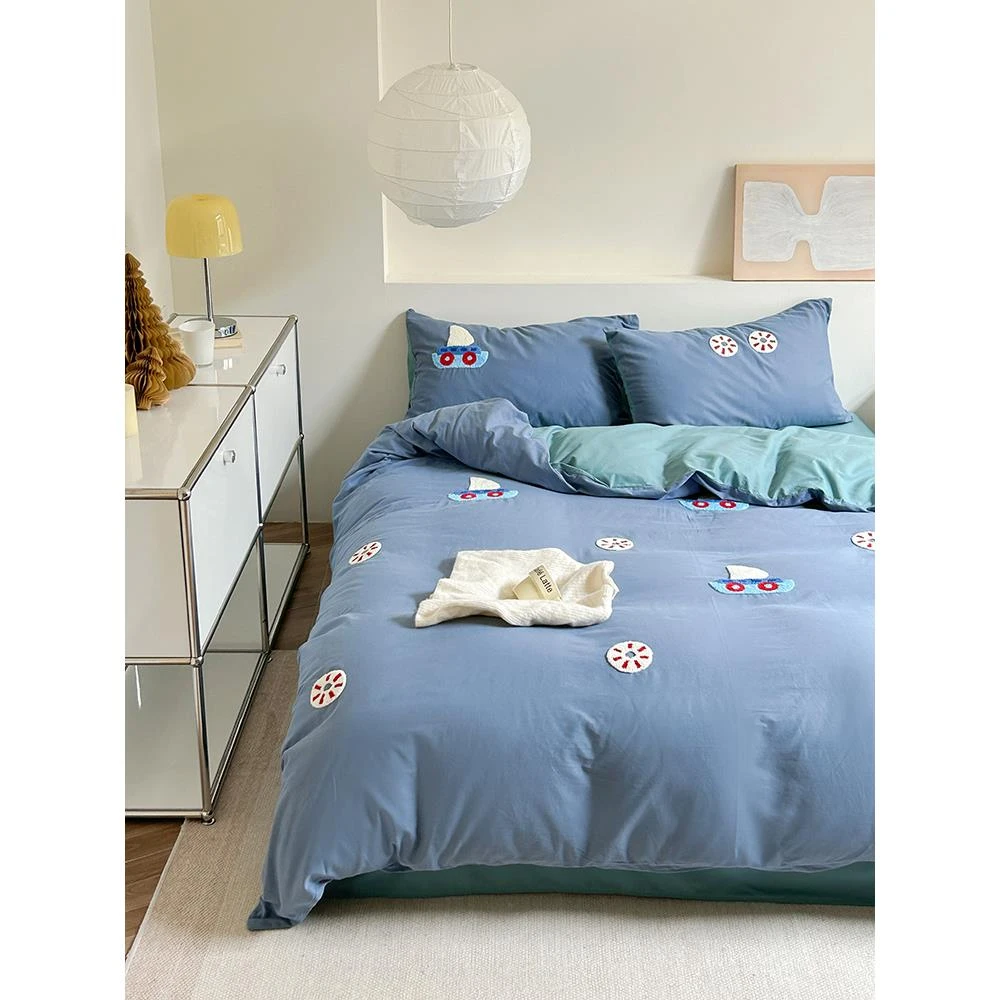 秋冬加厚A类全棉儿童四件套可爱蓝色纯棉磨毛被套男孩床上用品A类