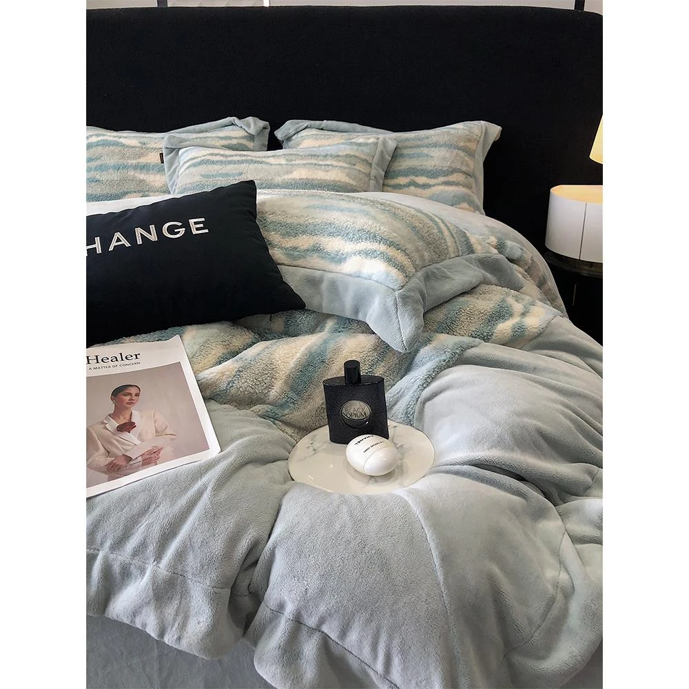 高档拼色床单款四件套冬季牛奶绒保暖舒适被套加厚珊瑚绒床上用品