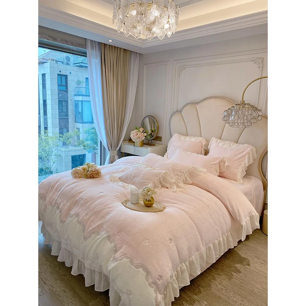 冬季保暖牛奶绒四件套加厚双面珊瑚绒公主风刺绣被套床上用品单笠