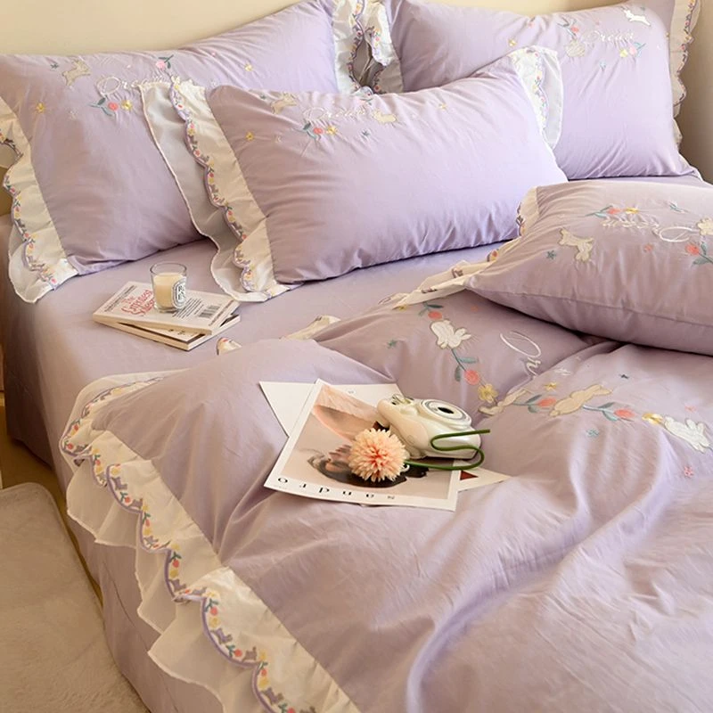 ins公主风纯棉床上四件套100全棉水洗棉少女心韩式刺绣被套床单4