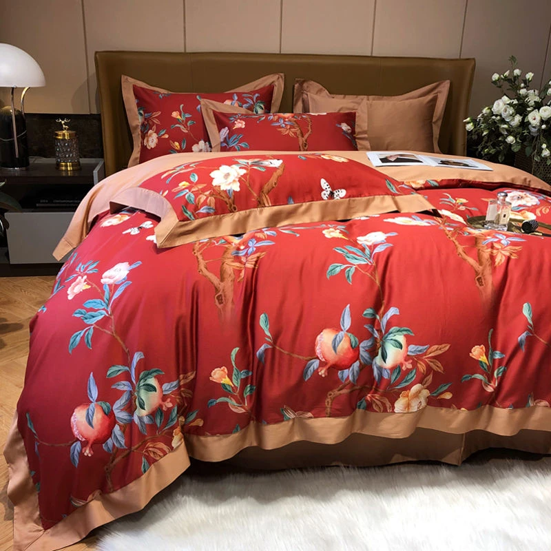 美式红色花鸟120支全棉长绒棉四件套轻奢贡缎被套纯棉床上用品春4