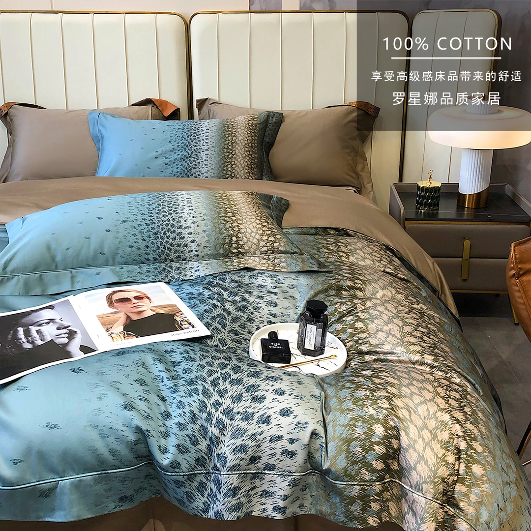 豹纹印花全棉纯棉贡缎120支长绒棉四件套床单款被套床上用品4件套