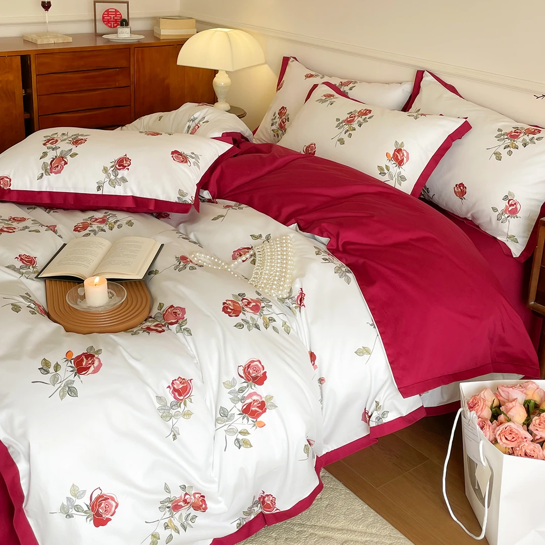 红色婚庆120支新疆长绒棉纯棉四件套全棉结婚床单款双人床上用品4