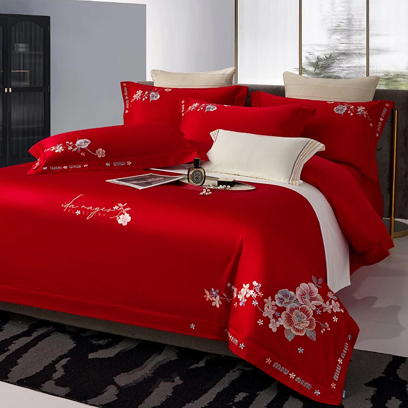 复古中国风大红色长绒棉绣花刺绣床上用品四件套床单被套高端大气