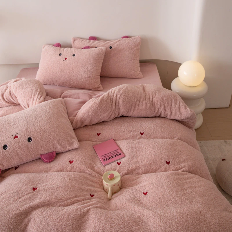 简约冬天珊瑚加厚保暖双面牛奶泰迪绒床上用品四件套床单被套小熊
