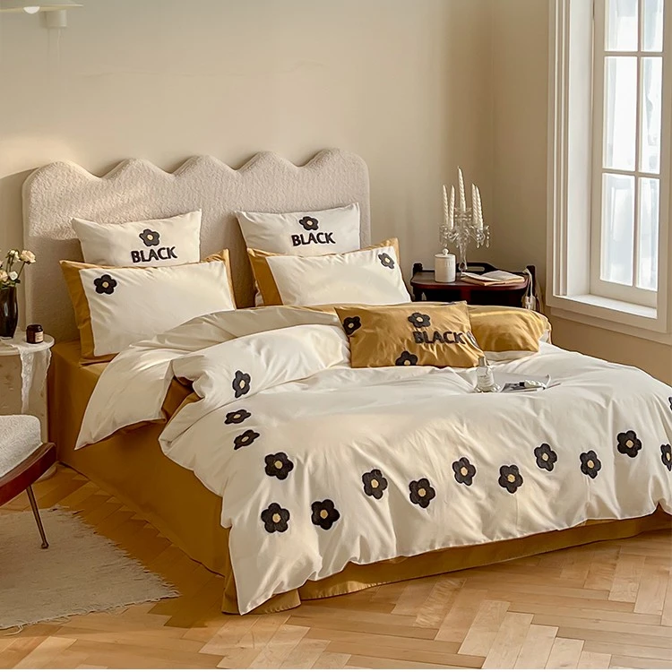 100支全棉纯棉磨毛四件套刺绣小花毛巾绣拼接撞色三件套床上用品4