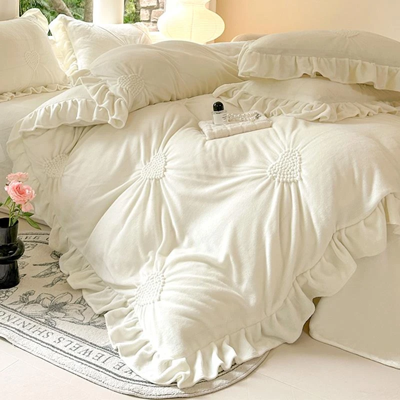 冬季兔兔牛奶绒加厚床上四件套公主风双面毛绒珊瑚绒被套加绒床单