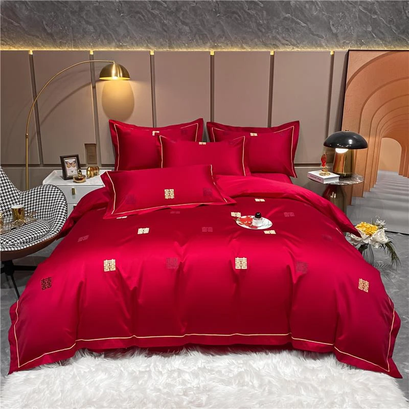 中式结婚四件套婚房婚嫁床单100S全棉刺绣喜被婚庆大红色床上用品