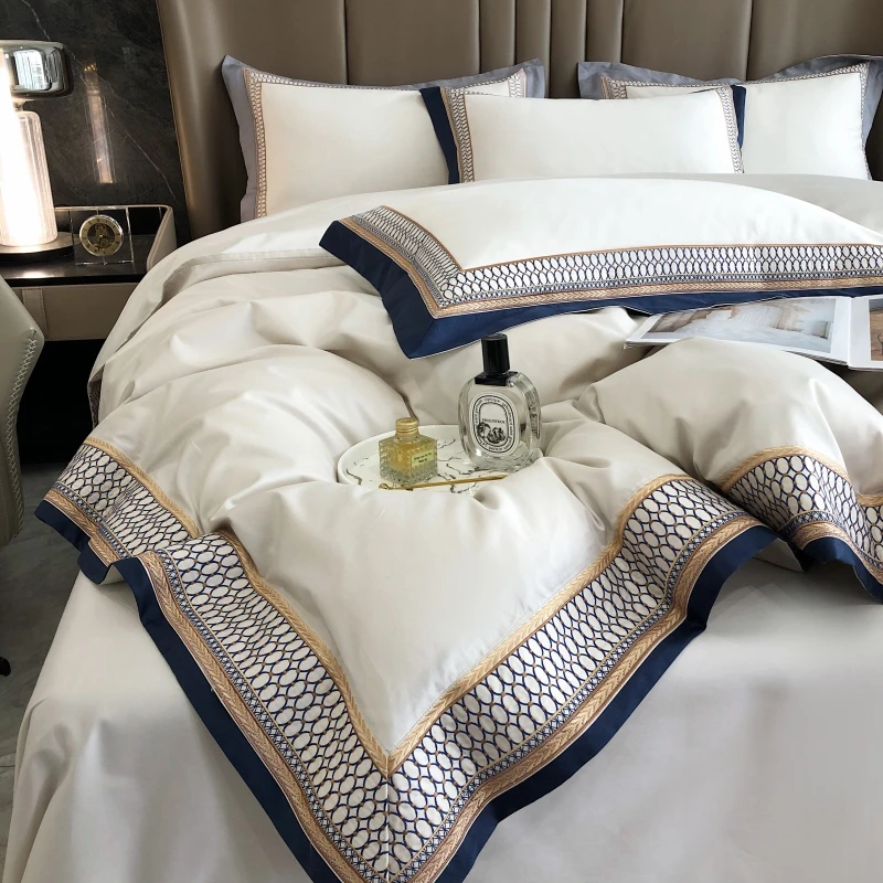 轻奢140支长绒棉贡缎全棉纯棉四件套重工刺绣高货床单被套1.8床品