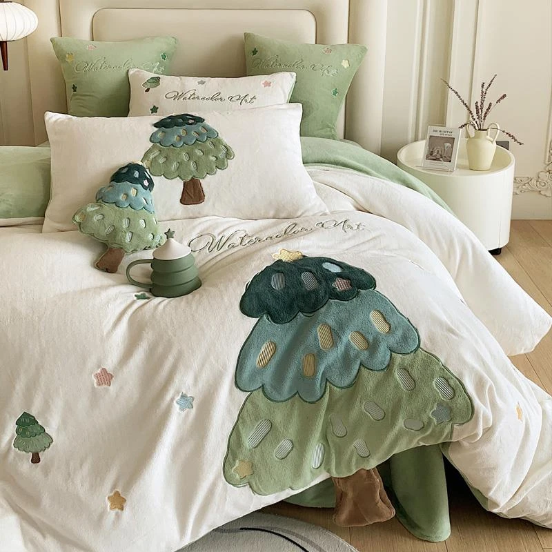 小清新卡通风加厚牛奶绒四件套冬季珊瑚绒床单款双面加绒被套床品