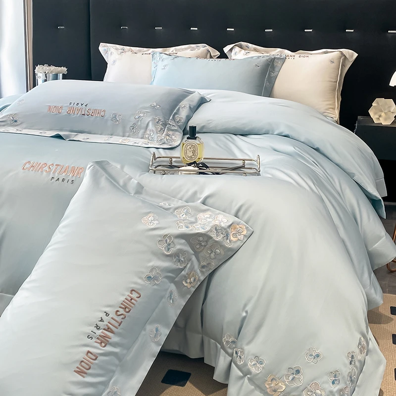 高级感120支长绒棉纯棉四件套少女心花卉刺绣被套1.8全棉床上用品