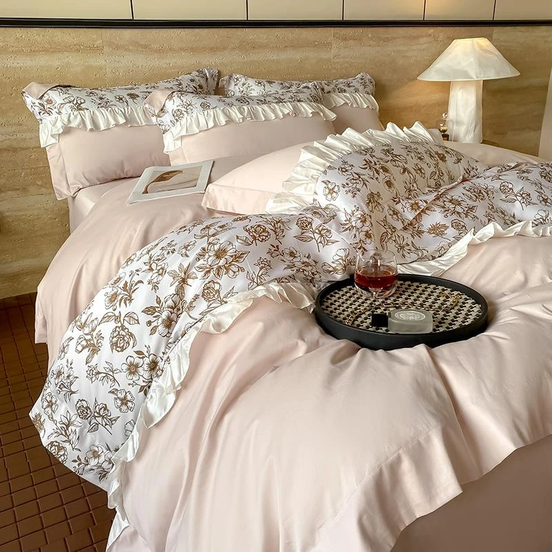 高档全棉法式少女褶皱四件套纯棉轻奢花卉单双人被套床单床上用品