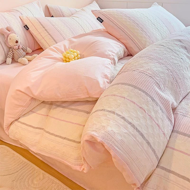 A类轻奢双层纱纯棉床上用品四件套全棉磨毛简约床单被套双人4件套