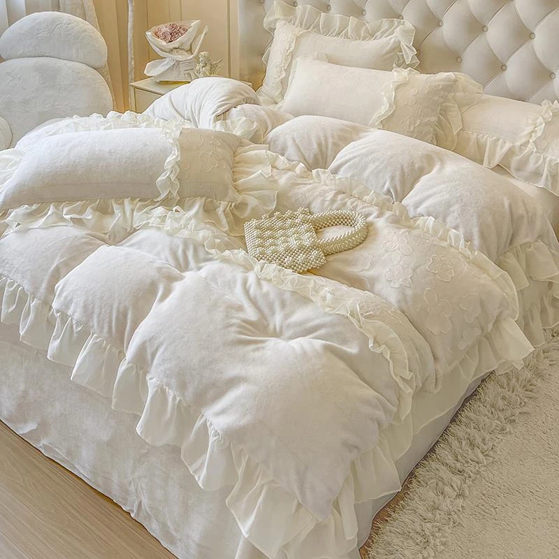 冬季法式奶油风加厚加绒牛奶绒床上四件套珊瑚绒蕾丝被套床单床笠