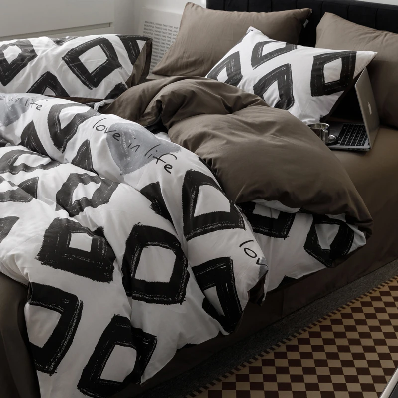 北欧风纯棉床上四件套100全棉床品简约被套宿舍床单三件套男床笠4