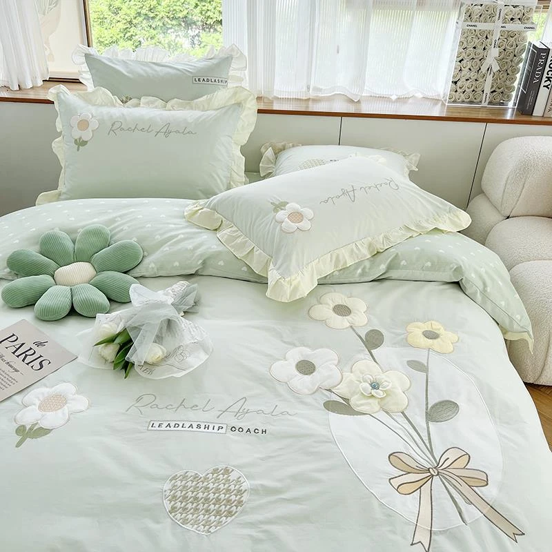 小清新手工立体花卉刺绣水洗棉纯棉四件套超柔裸睡全棉被套少女心