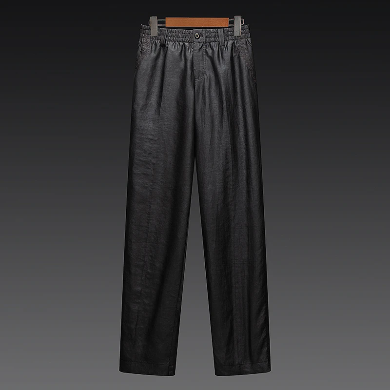 百福龙高档桑蚕丝中式唐装松紧腰休闲裤宽松版香云纱薄款男裤男装