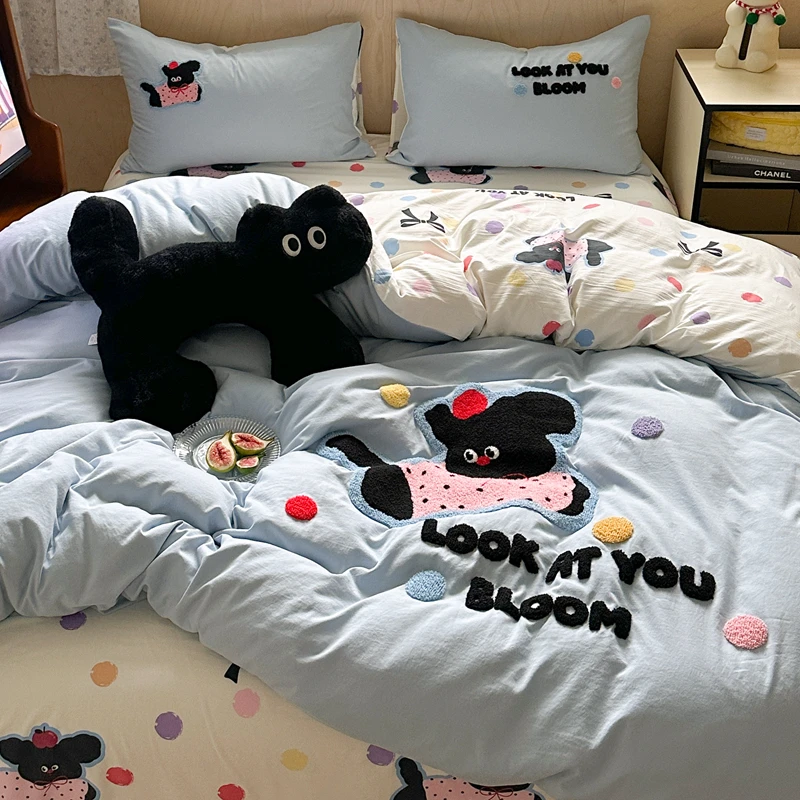 ins可爱卡通毛巾绣四件套水洗棉床单被套床笠学生宿舍单人三件套