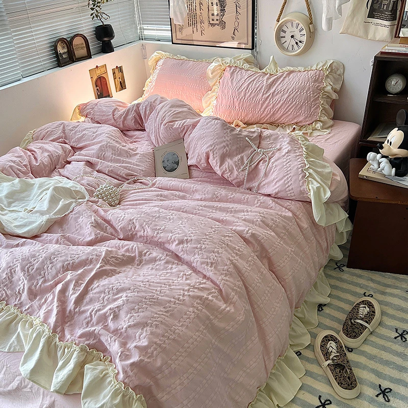 泡泡纱公主风床上四件套夏季春秋款被套罩宿舍床单三件套床裙仙女