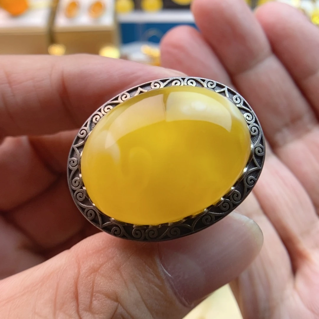 琥珀戒指银S925镶嵌仿古银