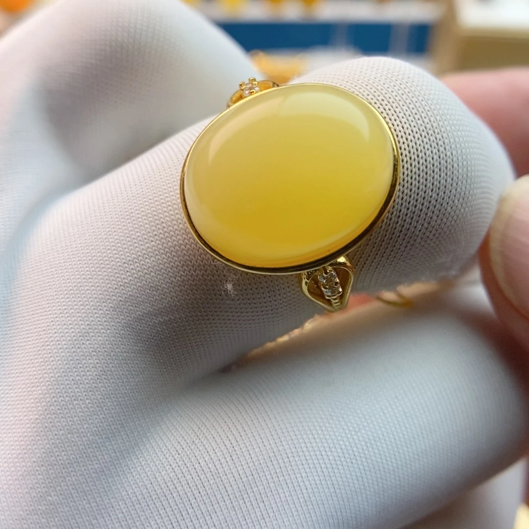 琥珀戒指银S925镀金镶嵌
