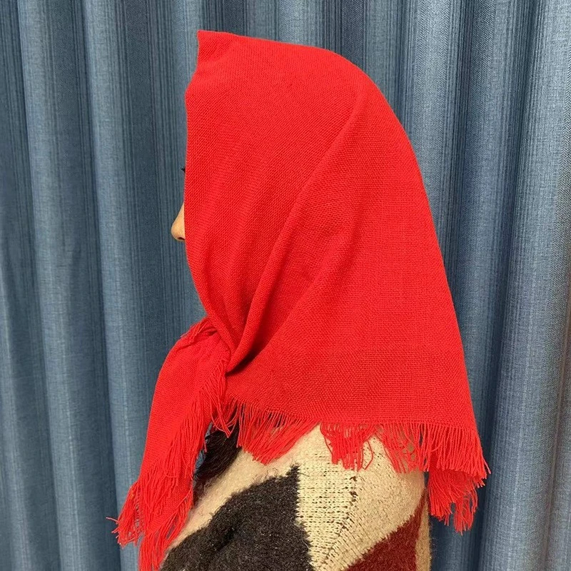 网红头巾女怀旧村姑红色针织包头正方形农村老式表演拍照保暖围巾