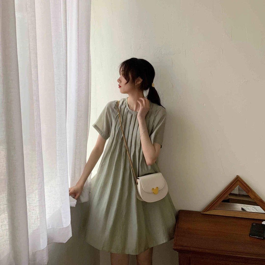 气质仙气连衣裙夏季新款女装圆领收腰设计显瘦通勤长裙女 Q680