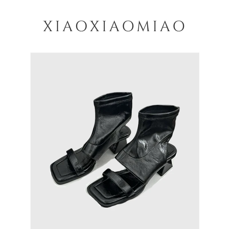 小小喵【夏日凉靴】24夏季新款方头露趾粗跟高帮凉靴时装靴子凉鞋女