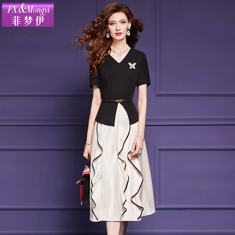 菲梦伊黑白撞色假两件连衣裙女夏季精致荷叶边黑色赫本裙56700