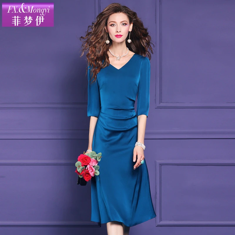 菲梦伊纯色100桑蚕丝名媛修身蓝色真丝连衣裙58886