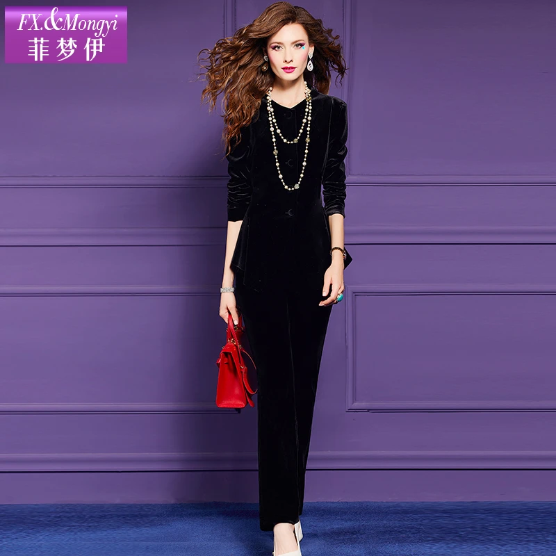 菲梦伊新款时尚丝绒套装气质修身外套收腰直筒裤两件套60070