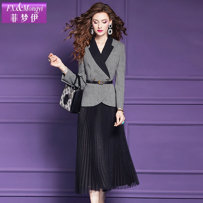 菲梦伊绵羊毛西装套装裙女冬季轻熟收腰毛呢外套黑色网纱裙61186