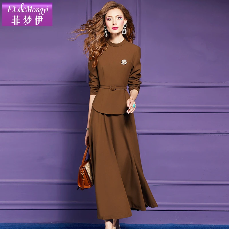 菲梦伊新款套装气质长袖上衣显瘦A摆半身裙两件套60093