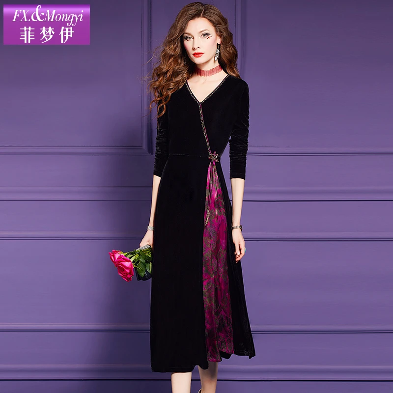 菲梦伊新款气质V领时尚拼接收腰A摆丝绒连衣裙60577