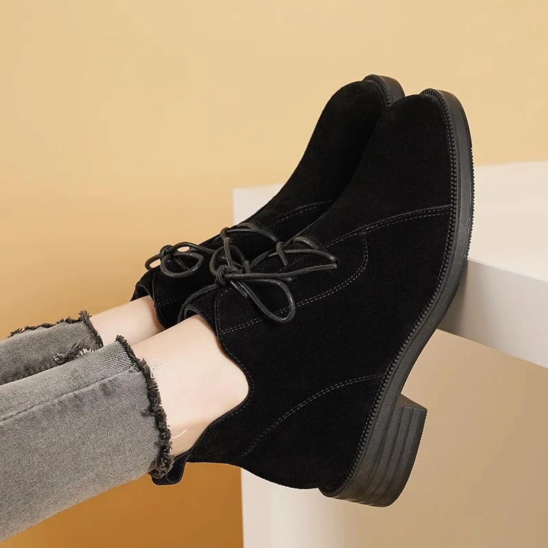 2025冬季马丁靴女加绒保暖短筒系带真皮粗跟女靴磨砂皮圆头靴子女