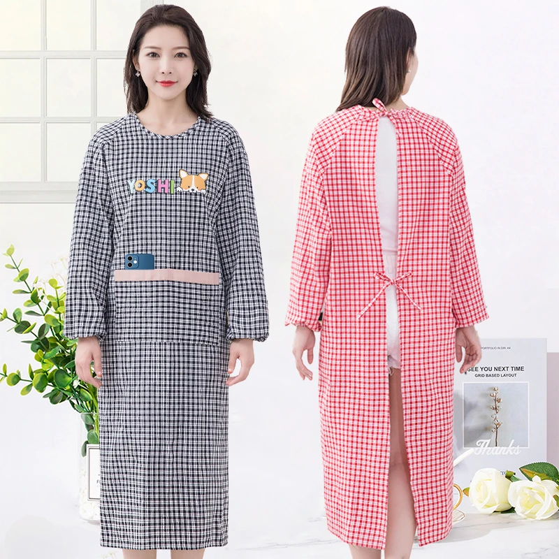 围裙家用厨房纯棉长袖女士2025新款加长款大码年小熊家用防水厨房