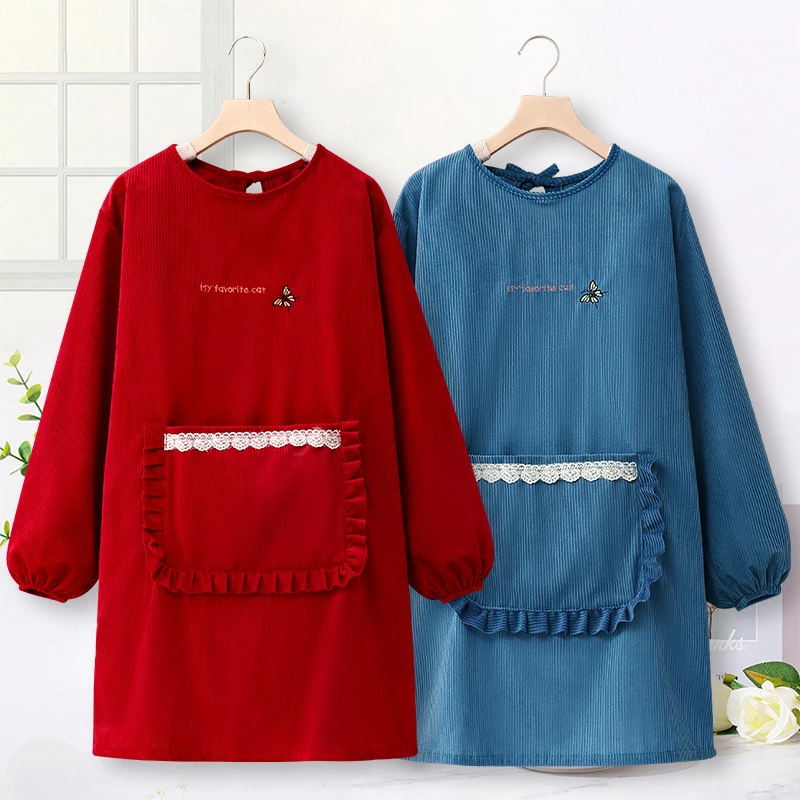 围裙长袖家用厨房做饭韩版女士灯芯绒上班餐饮年轻人长袖围裙罩衣