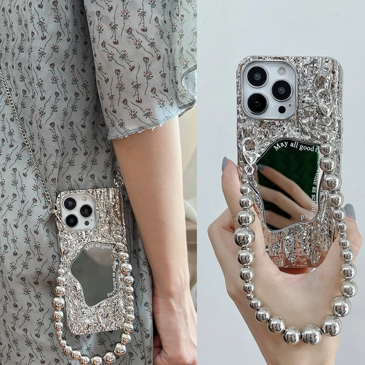 原创风小众高级感设计镜面斜挎链手机壳适用苹果15/12/13/14