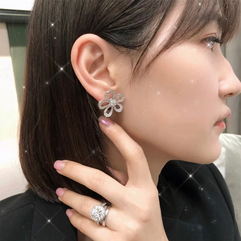 铜合金仿水晶耳饰 925银针【16号】百搭小众花朵耳钉大气轻奢耳环