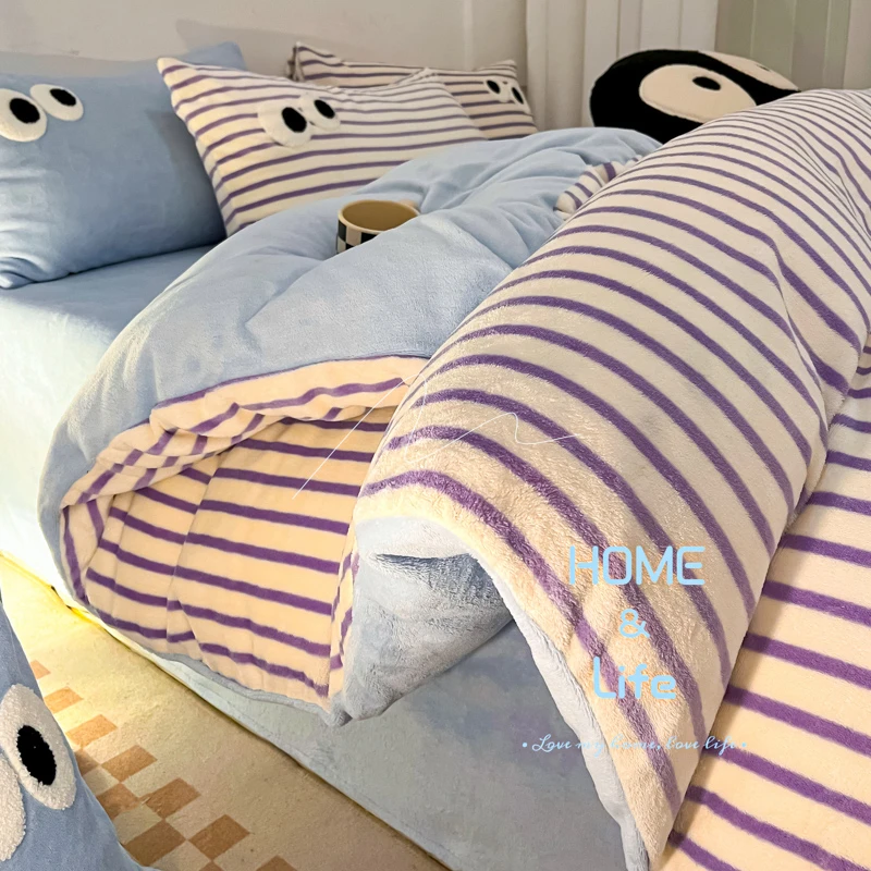 加厚牛奶绒四件套秋冬季保暖多巴胺条纹被套罩宿舍三件套床上用品